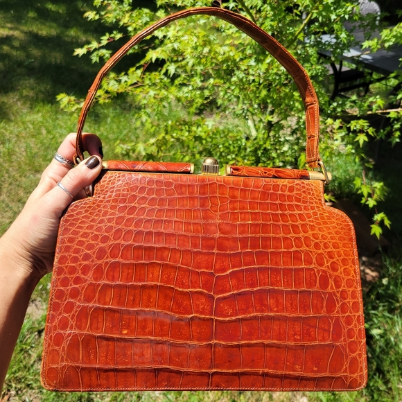 VINTAGE 1950s Industria Argentina Caiman Alligator Leather Purse Cognac Brown - Picture 4 of 17
